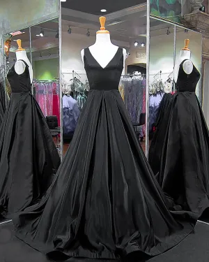 Elegant Black Satin Prom Dresses V-Neckline 2018 New Long Prom Gowns for Party