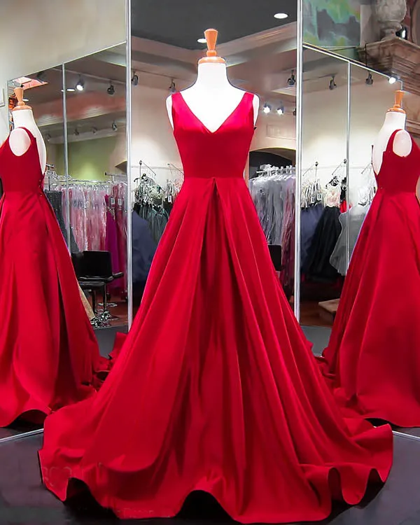 Elegant Black Satin Prom Dresses V-Neckline 2018 New Long Prom Gowns for Party