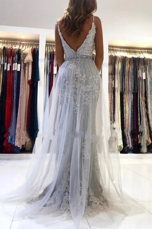 Elegant Mermaid Gray Lace Long Prom Dresses with High Slit, Gray Lace Formal Dresses, Mermaid Grey Evening Dresses
