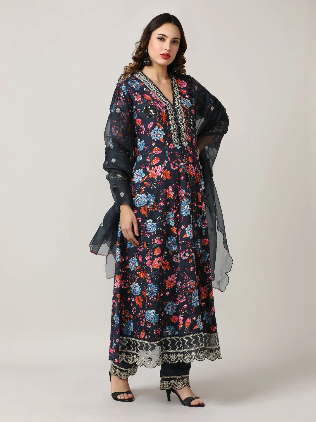 Embroidered Floral Flared Kurta Sets With Dupatta