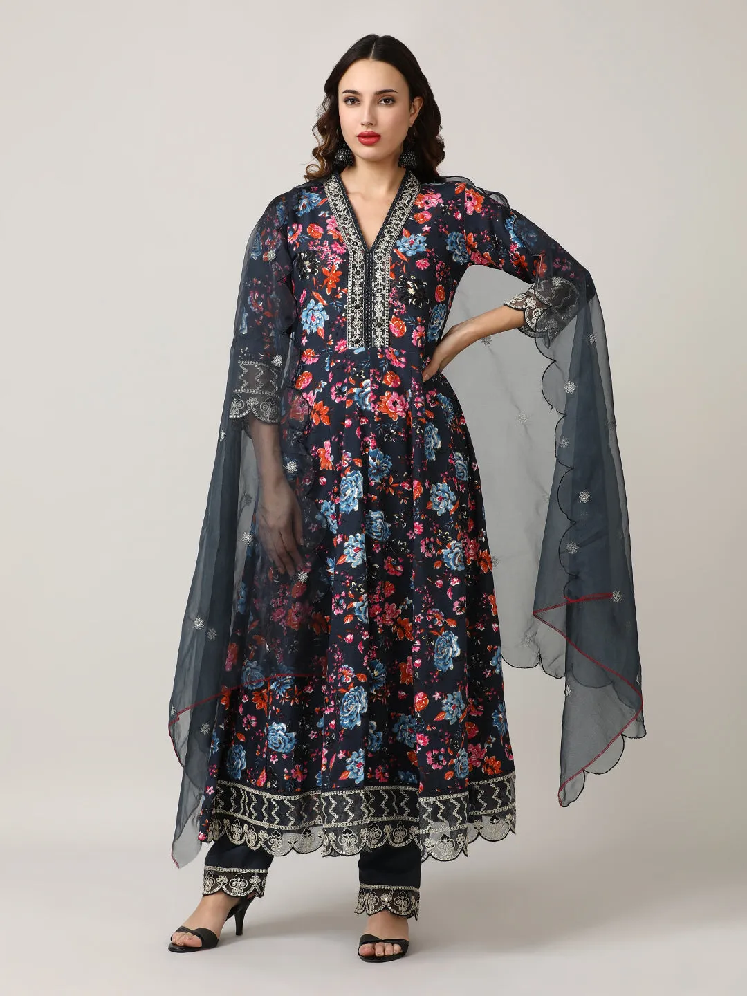 Embroidered Floral Flared Kurta Sets With Dupatta