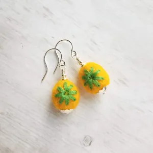Embroidered Flower Earrings, yellow green earring, felt earring, wool earring, wool ball earring, yellow flower earring green flower earring