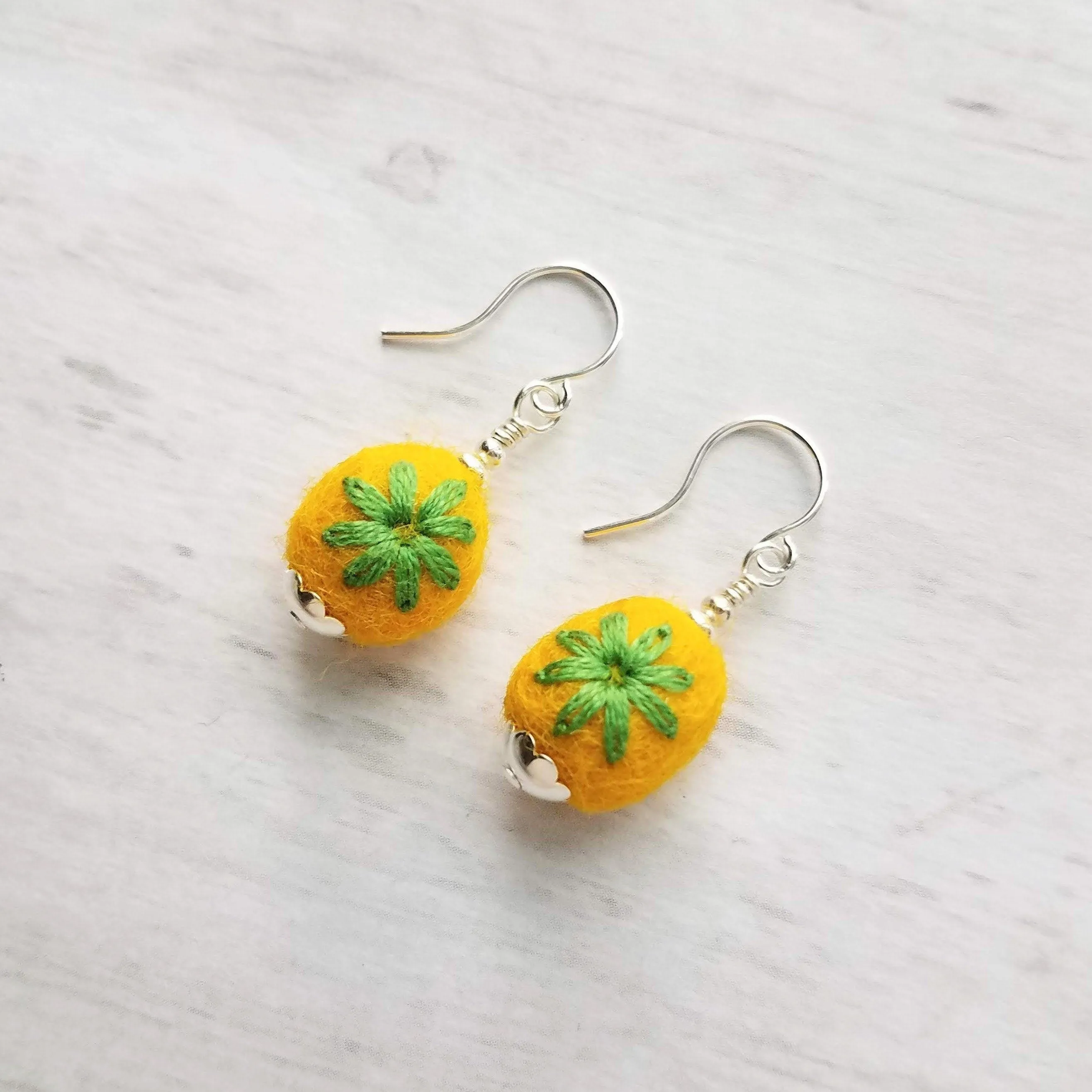 Embroidered Flower Earrings, yellow green earring, felt earring, wool earring, wool ball earring, yellow flower earring green flower earring