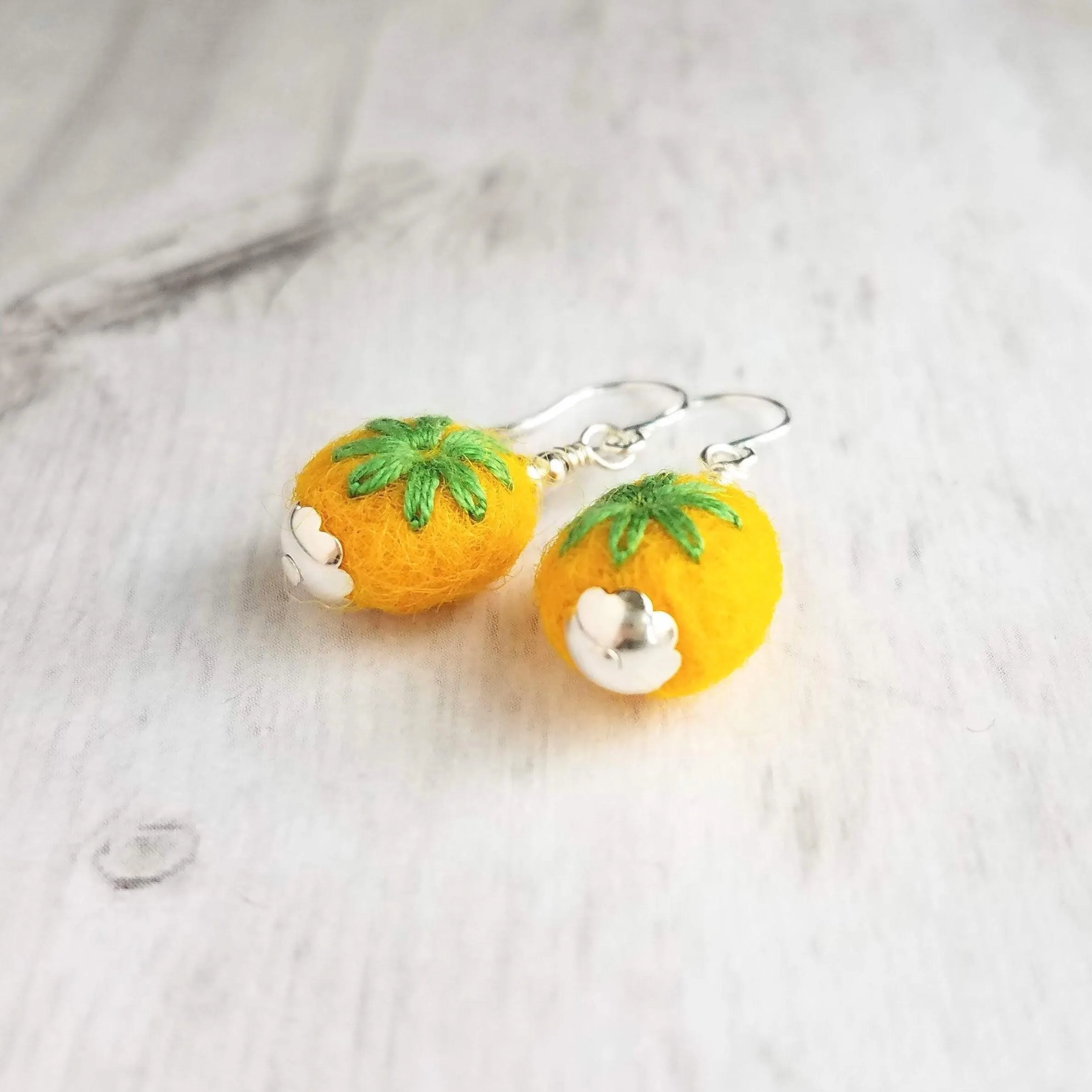 Embroidered Flower Earrings, yellow green earring, felt earring, wool earring, wool ball earring, yellow flower earring green flower earring