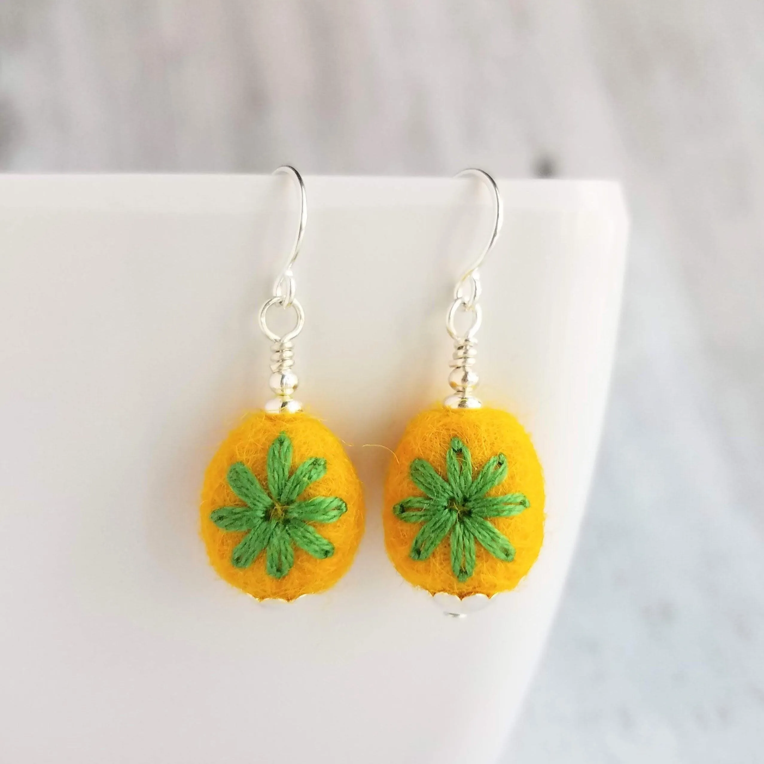 Embroidered Flower Earrings, yellow green earring, felt earring, wool earring, wool ball earring, yellow flower earring green flower earring