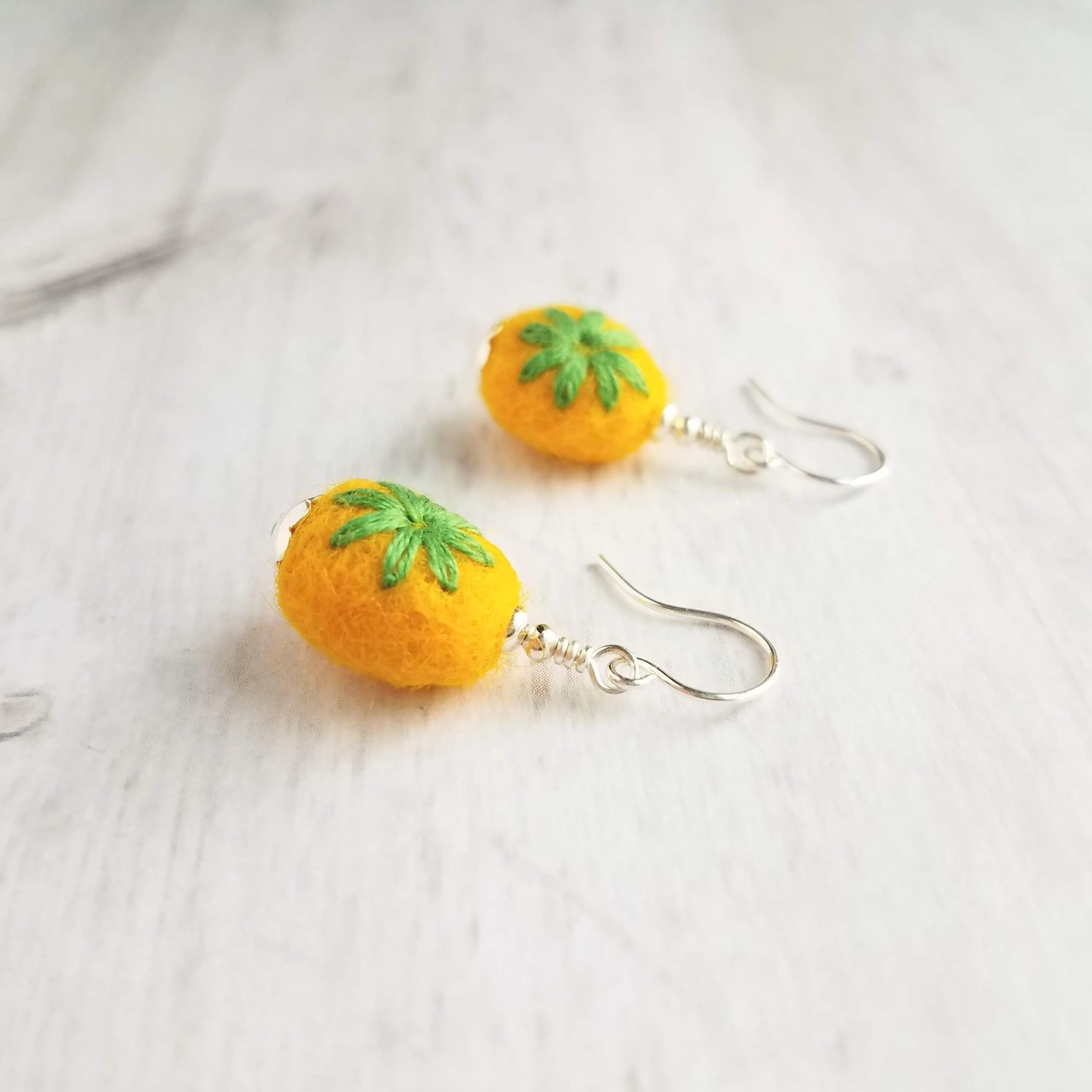 Embroidered Flower Earrings, yellow green earring, felt earring, wool earring, wool ball earring, yellow flower earring green flower earring