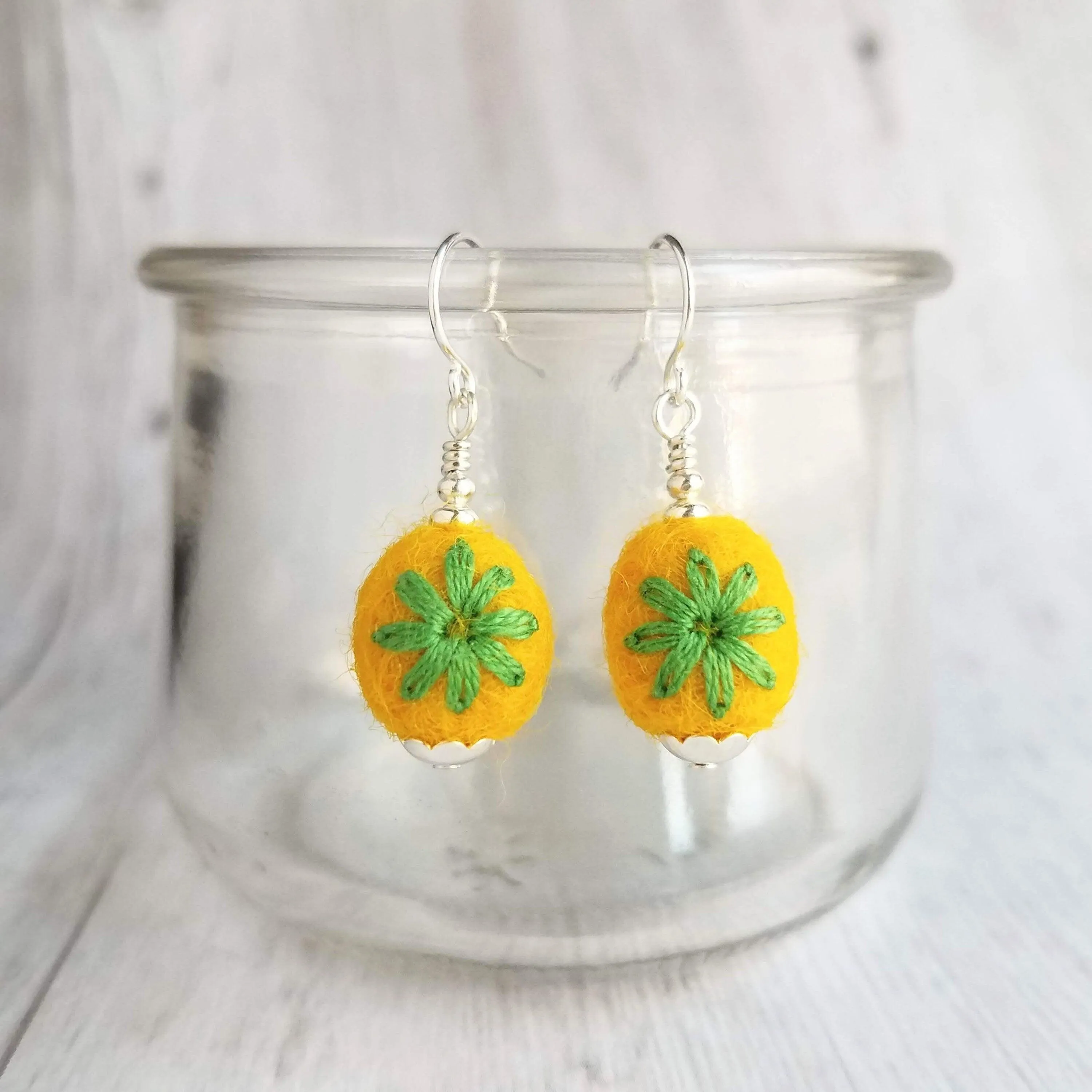 Embroidered Flower Earrings, yellow green earring, felt earring, wool earring, wool ball earring, yellow flower earring green flower earring