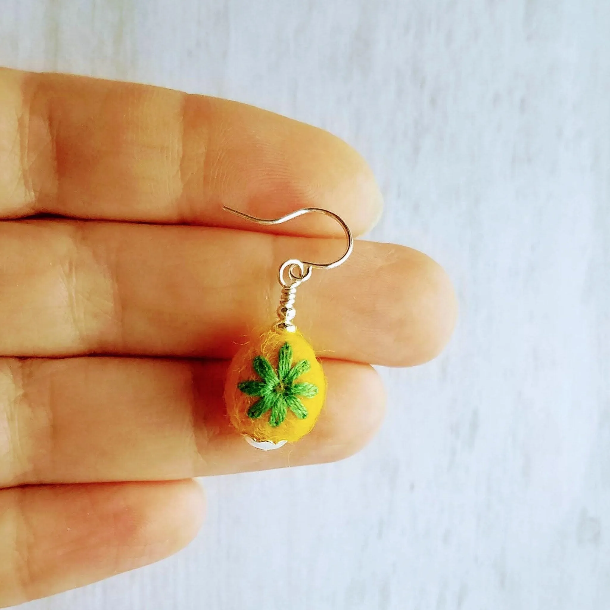 Embroidered Flower Earrings, yellow green earring, felt earring, wool earring, wool ball earring, yellow flower earring green flower earring