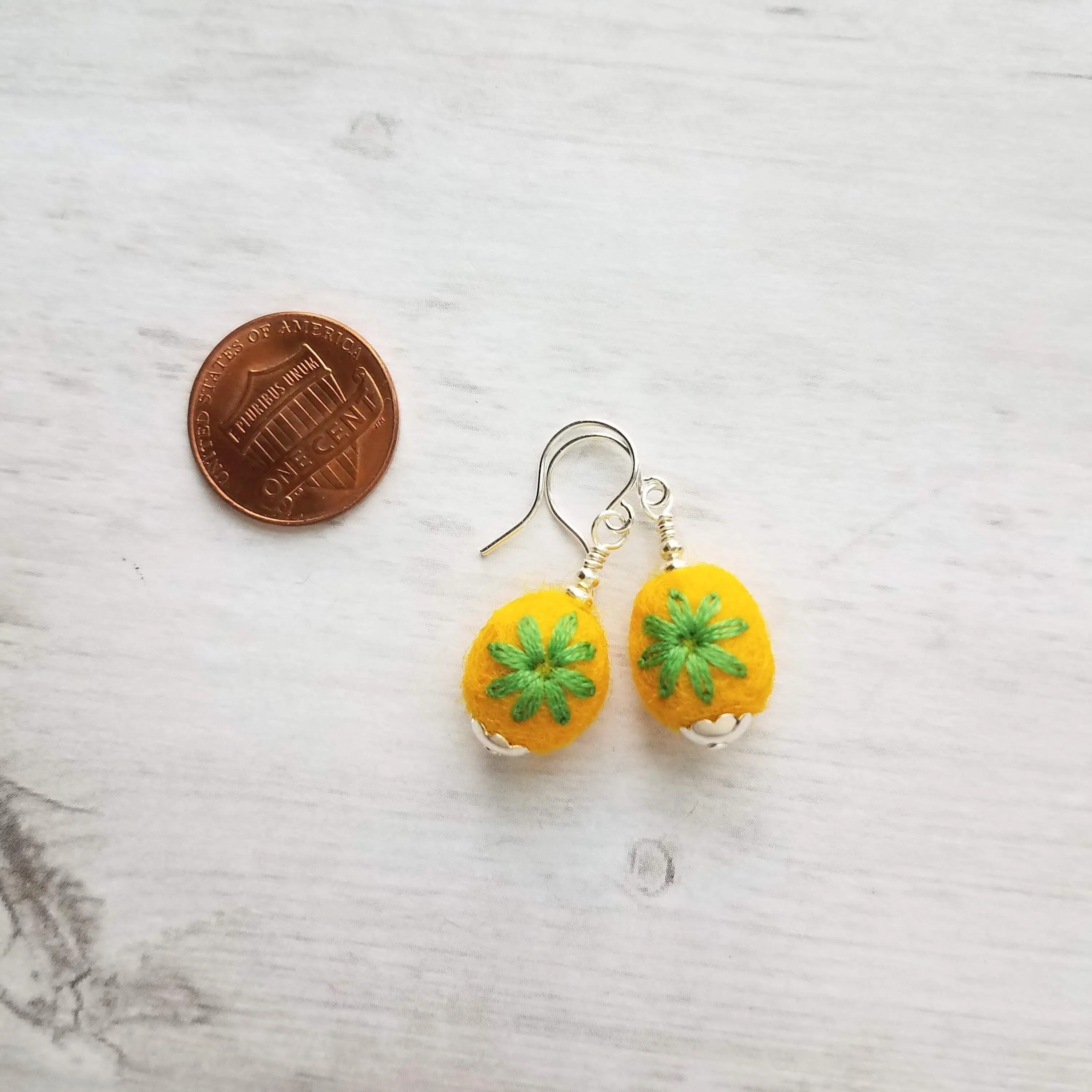Embroidered Flower Earrings, yellow green earring, felt earring, wool earring, wool ball earring, yellow flower earring green flower earring