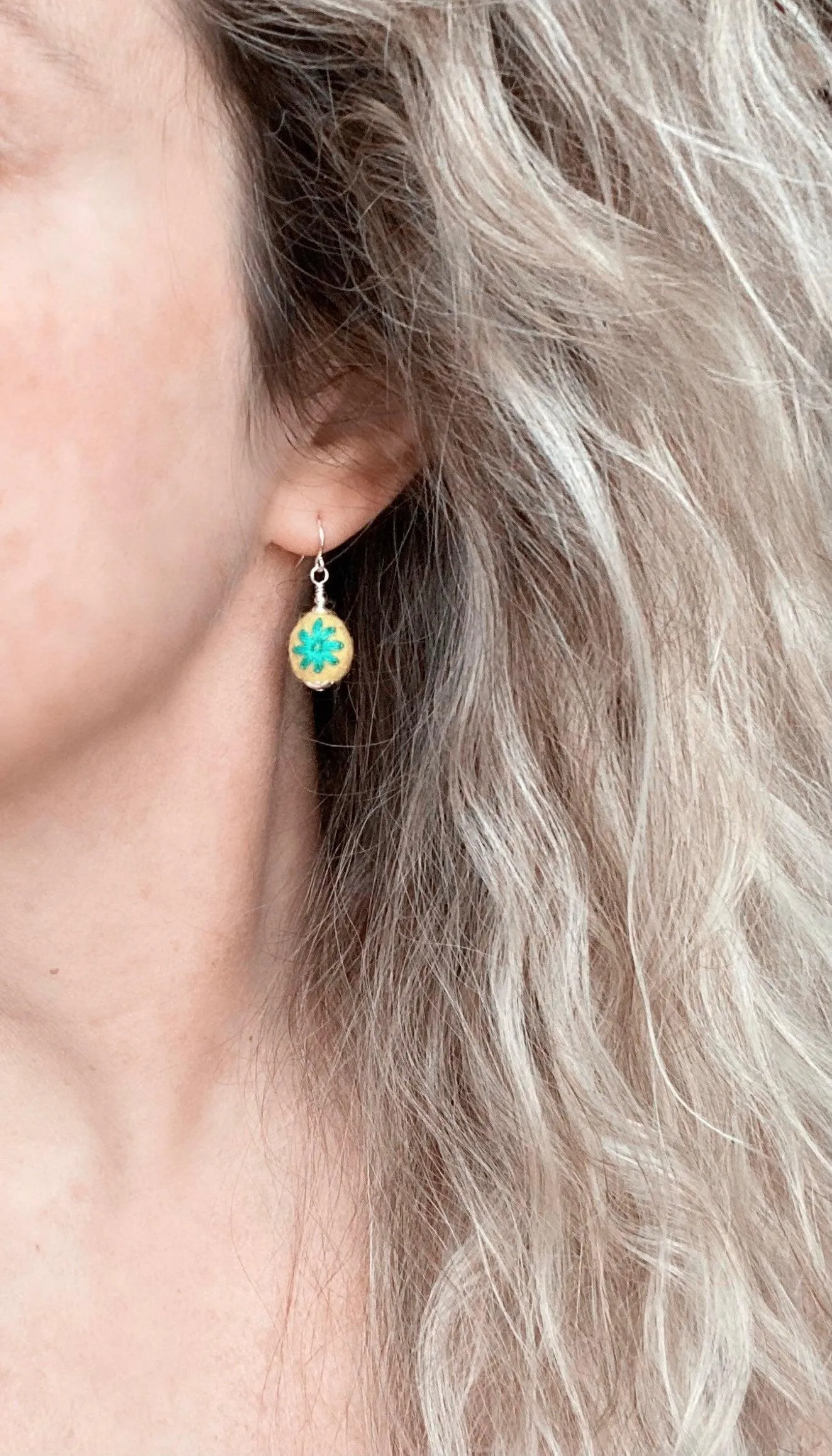 Embroidered Flower Earrings, yellow green earring, felt earring, wool earring, wool ball earring, yellow flower earring green flower earring