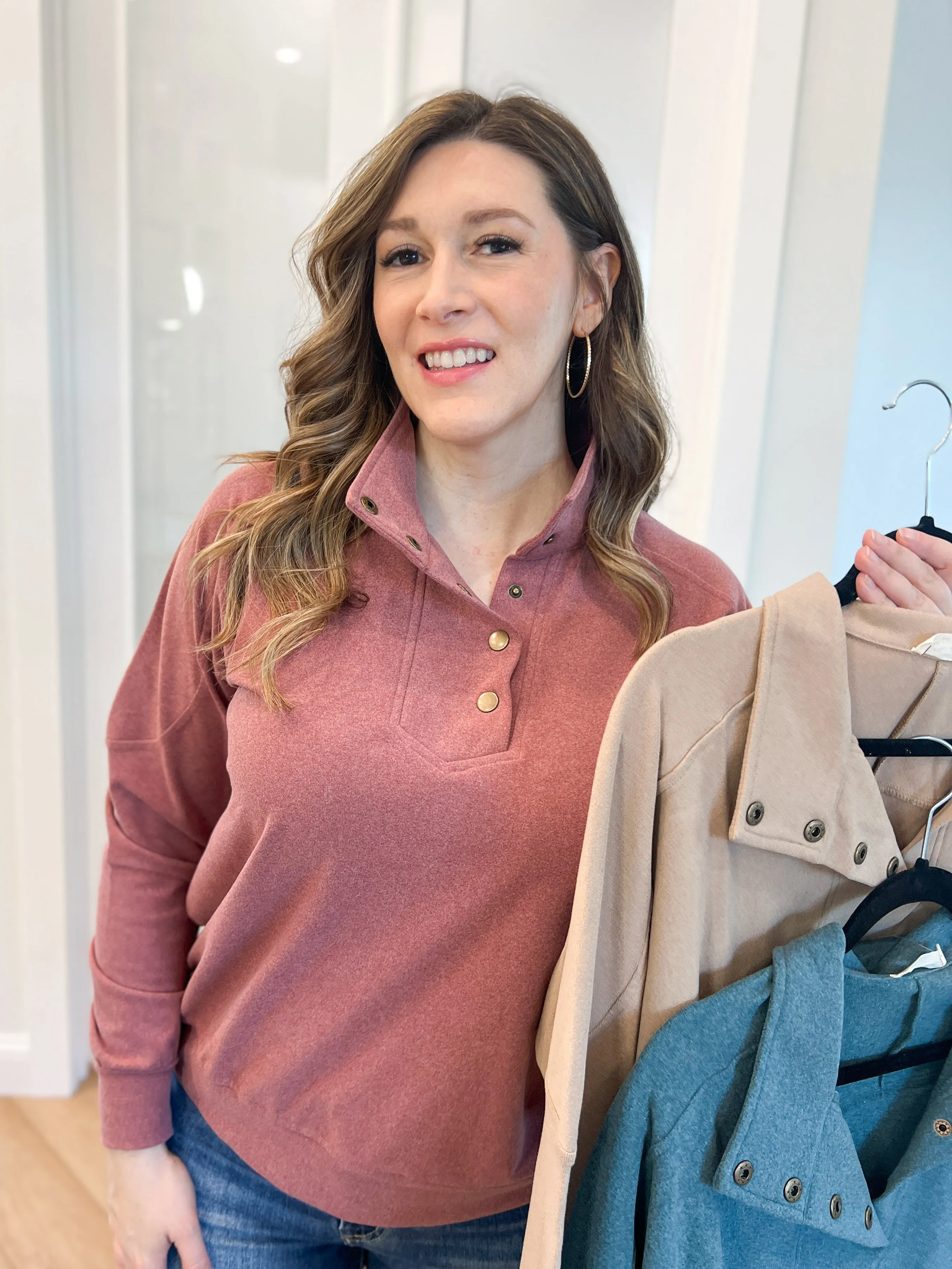 Emma Button Front Brushed Pullover Top