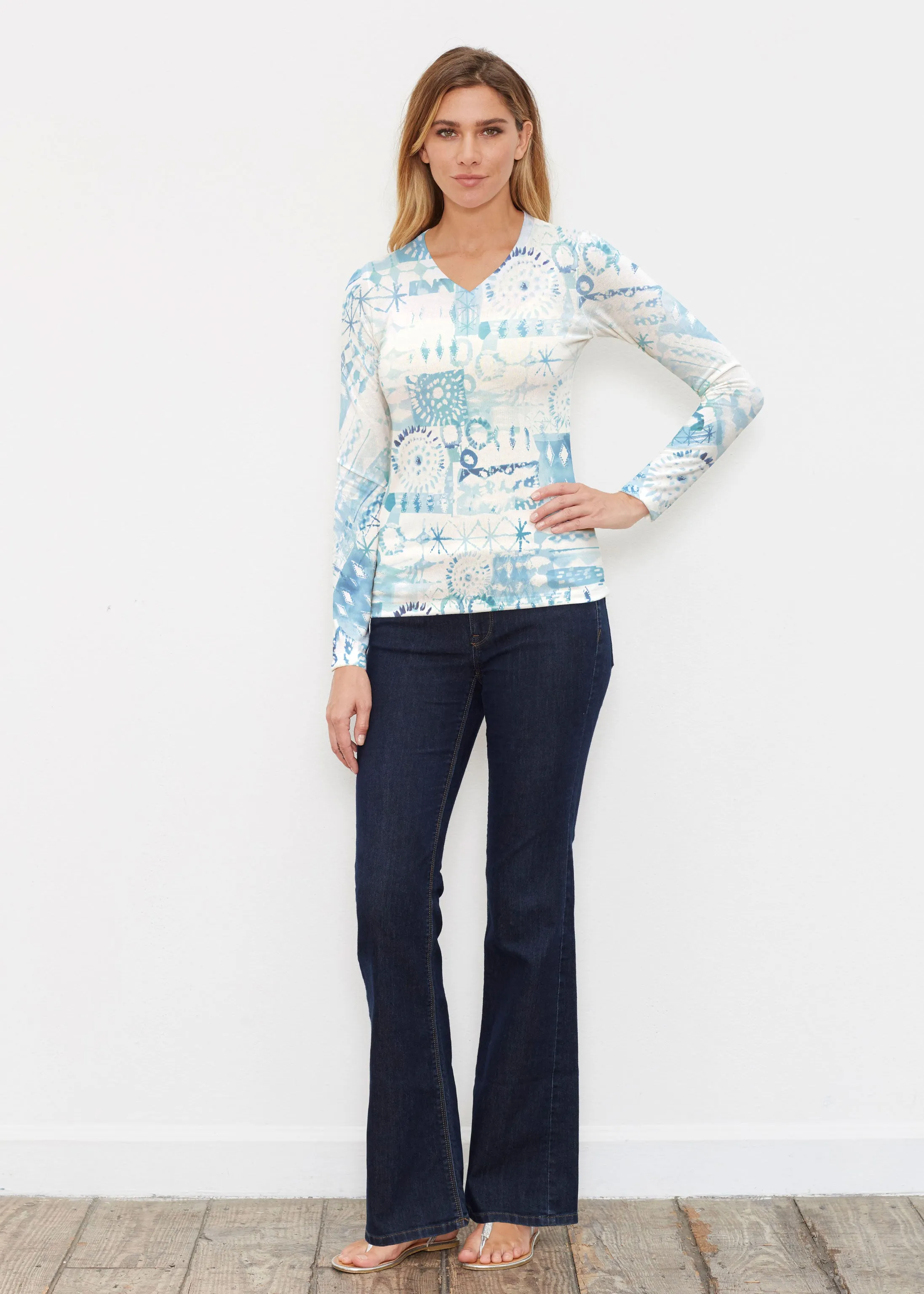 Ferris Wheel Blue (16186) ~ Butterknit Long Sleeve V-Neck Top
