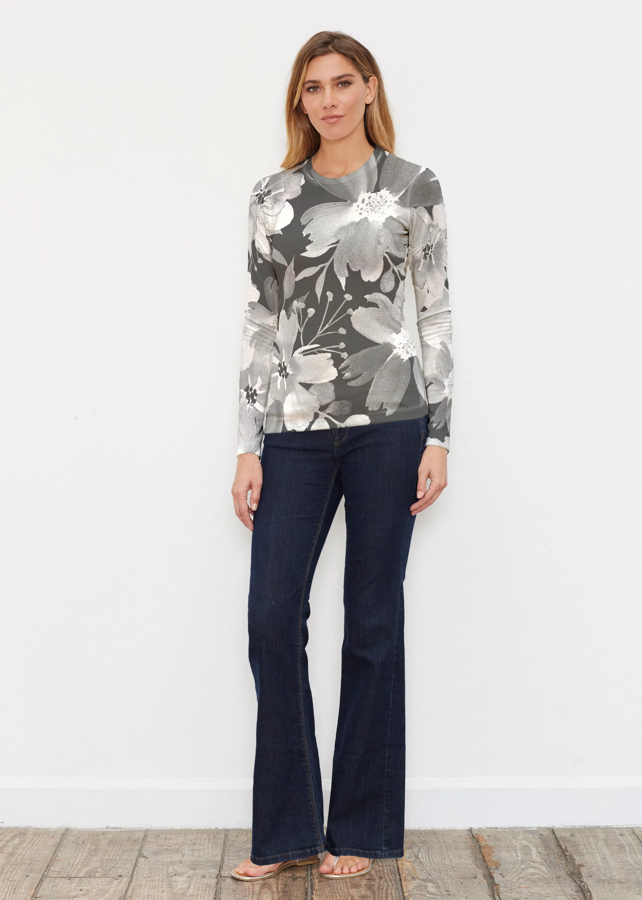 Festive Bloom Black (8174) ~ Butterknit Long Sleeve Crew Top