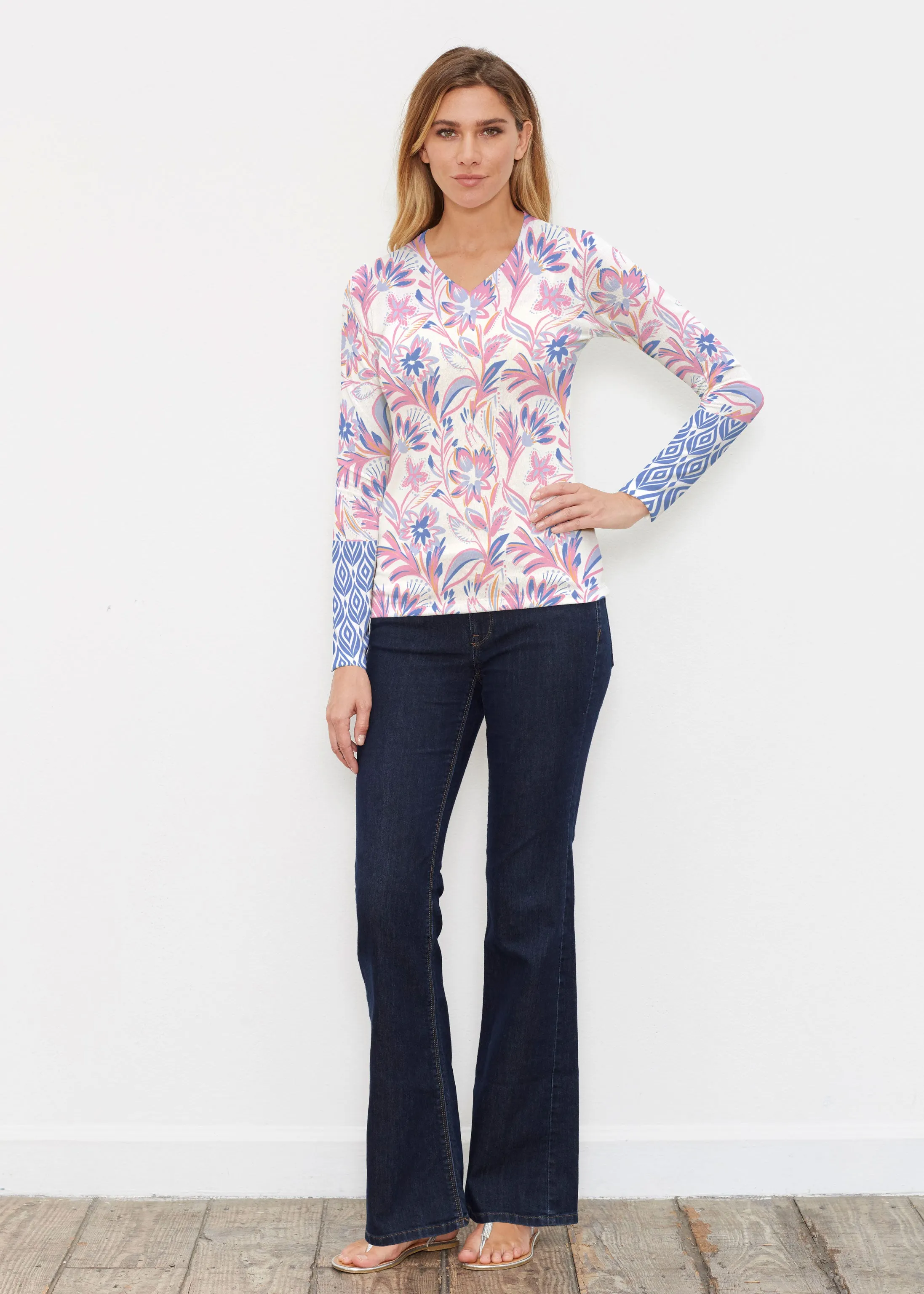 Floral Buds Pink (8032) ~ Butterknit Long Sleeve V-Neck Top