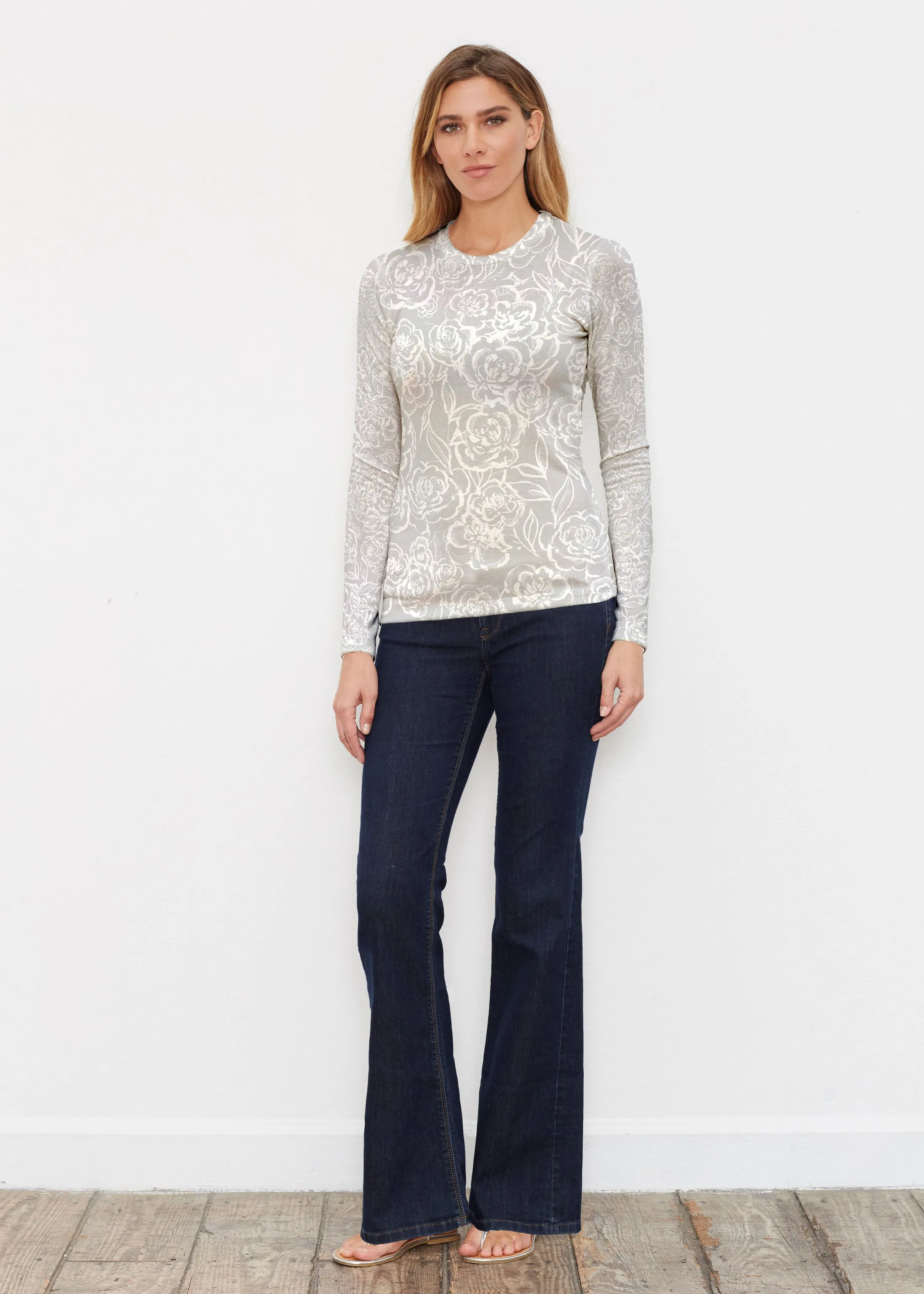 Freehand Floral Grey (7605) ~ Butterknit Long Sleeve Crew Top