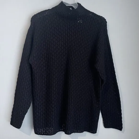 Garnet Hill Silk Cashmere Crochet Sweater Size Small Mock Neck Black Preppy