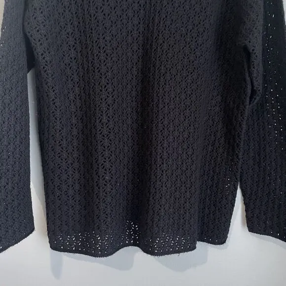 Garnet Hill Silk Cashmere Crochet Sweater Size Small Mock Neck Black Preppy