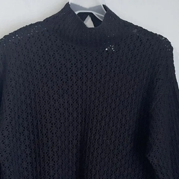 Garnet Hill Silk Cashmere Crochet Sweater Size Small Mock Neck Black Preppy