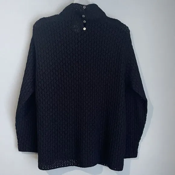 Garnet Hill Silk Cashmere Crochet Sweater Size Small Mock Neck Black Preppy