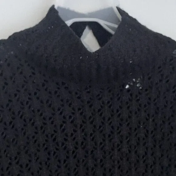 Garnet Hill Silk Cashmere Crochet Sweater Size Small Mock Neck Black Preppy