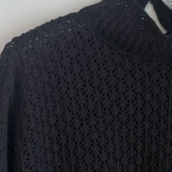 Garnet Hill Silk Cashmere Crochet Sweater Size Small Mock Neck Black Preppy
