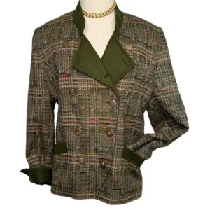 Geiger Austria vintage tweed double breasted blazer jacket olive green size L 12
