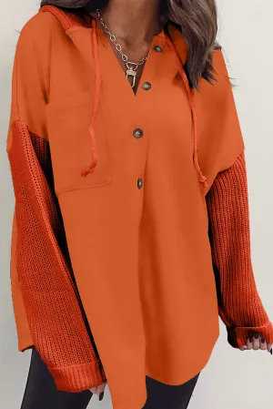 Gold Flame Button Up Contrast Knitted Sleeves Hooded Jacket