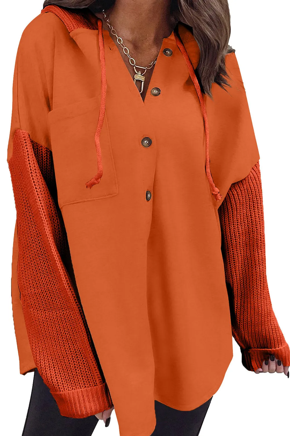Gold Flame Button Up Contrast Knitted Sleeves Hooded Jacket