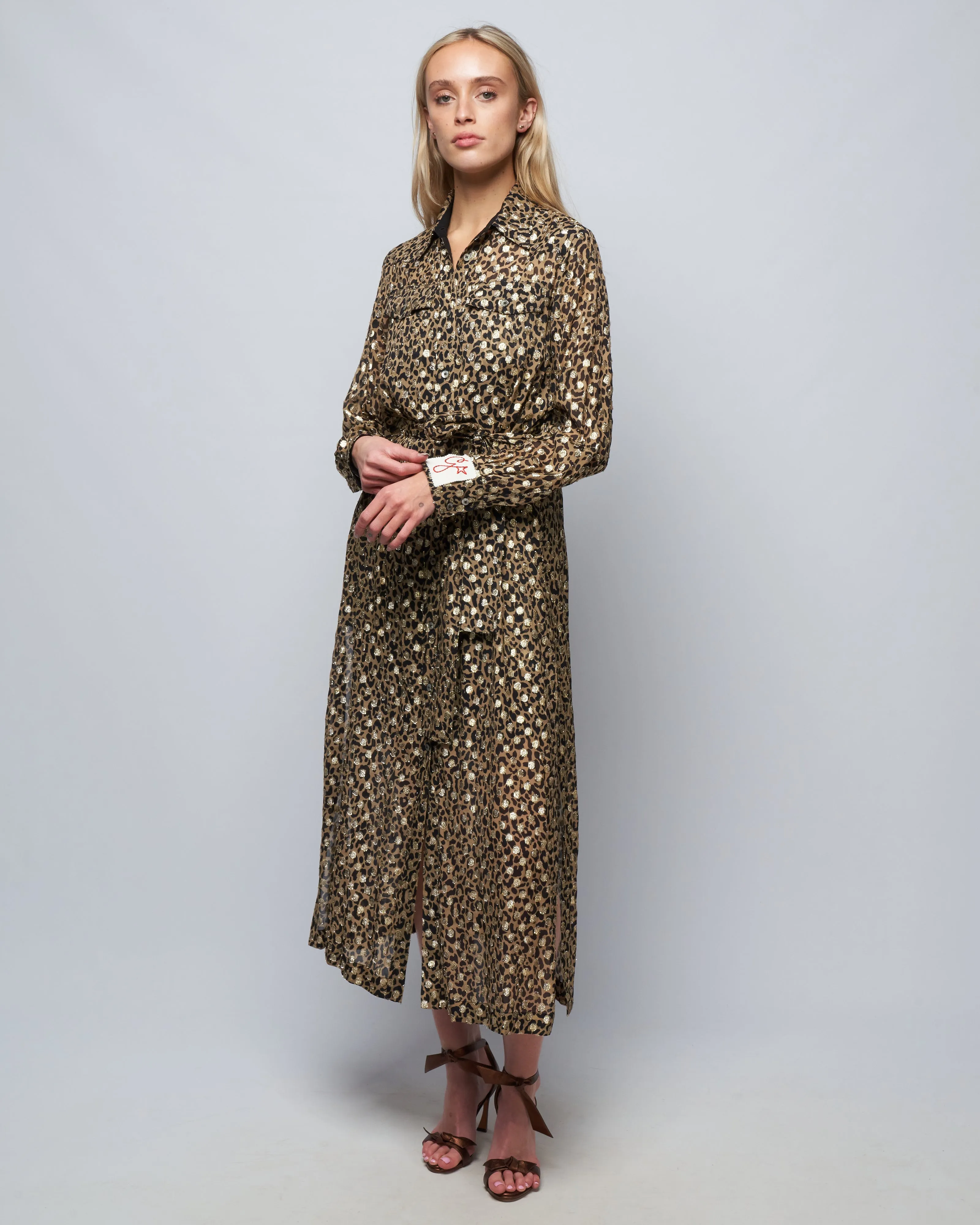 golden chemisier dress leopard print - tannin/black/gold