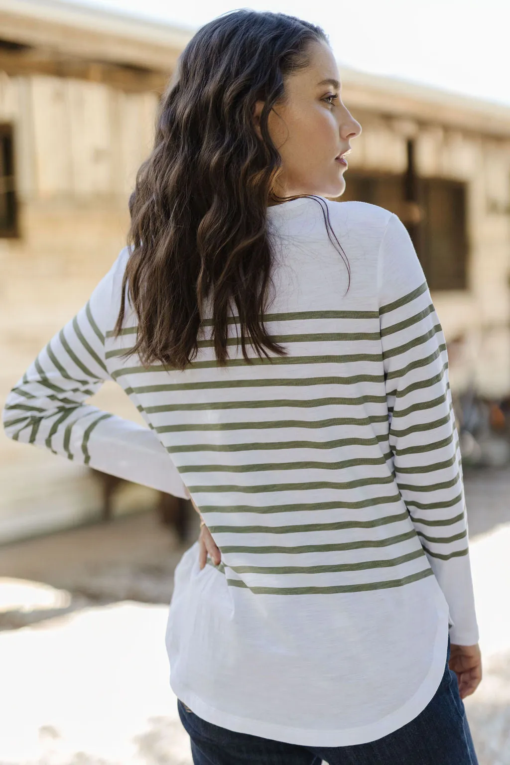 Goondiwindi Cotton 100% Cotton Curved Hem Stripe Long Sleeve T-Shirt - 3 Colours