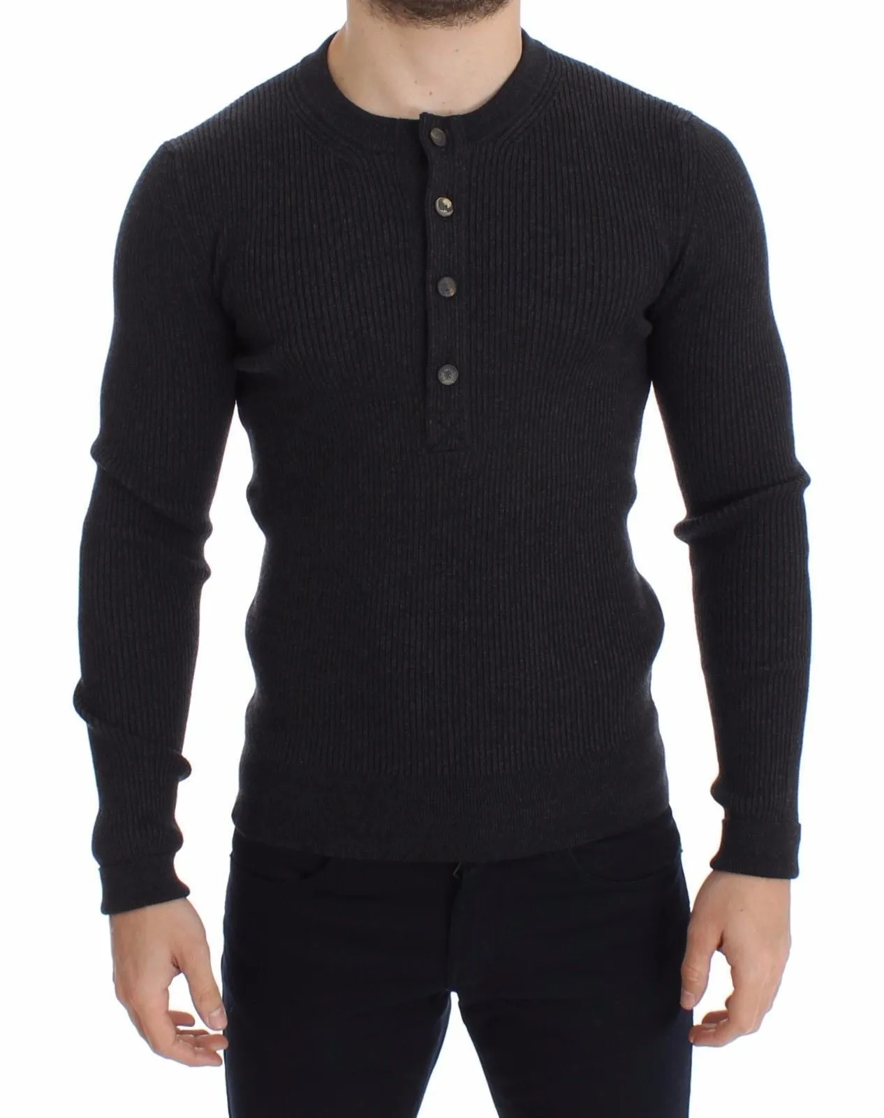 Gray Wool Henley Button Sweater Pullover Top