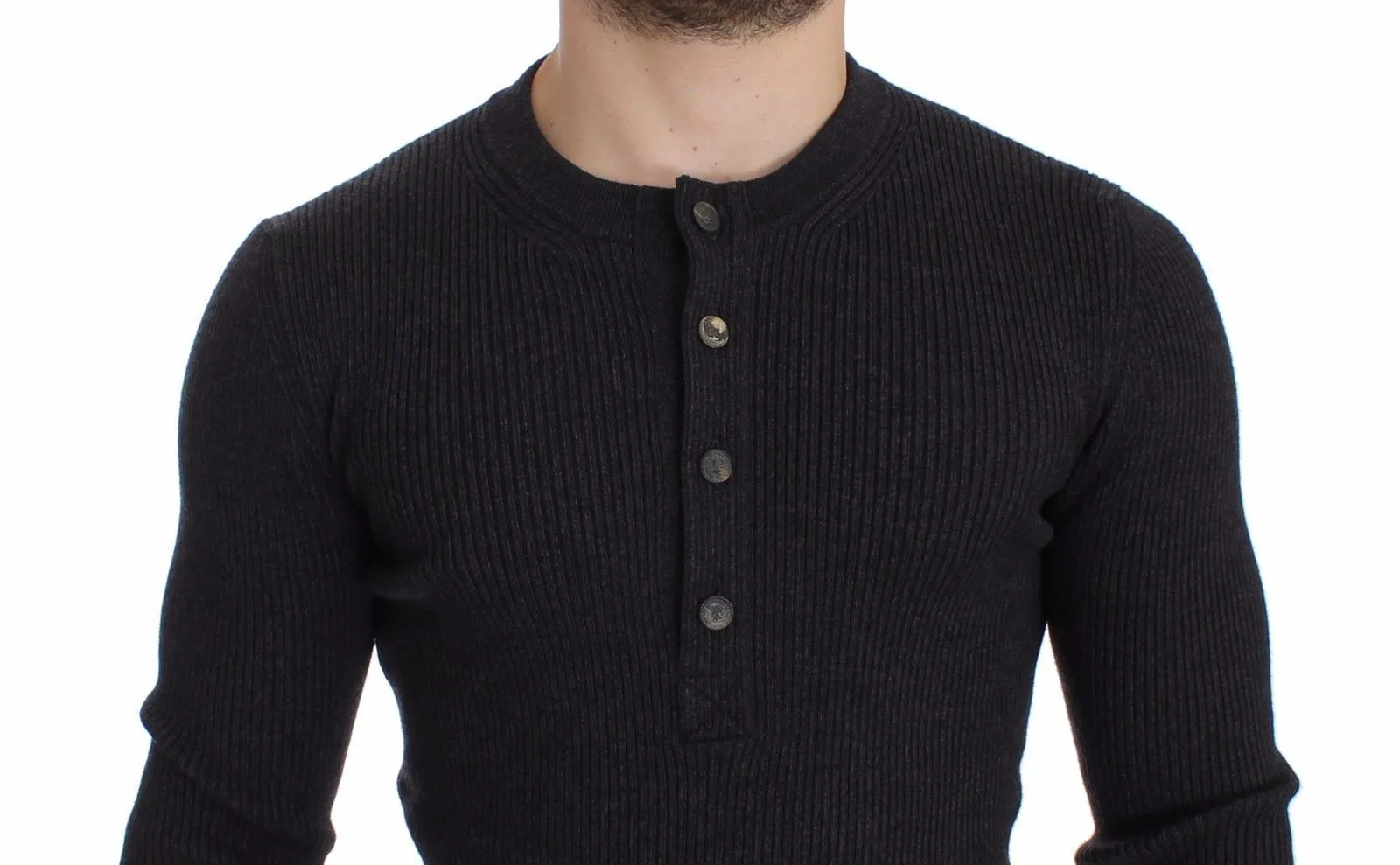 Gray Wool Henley Button Sweater Pullover Top