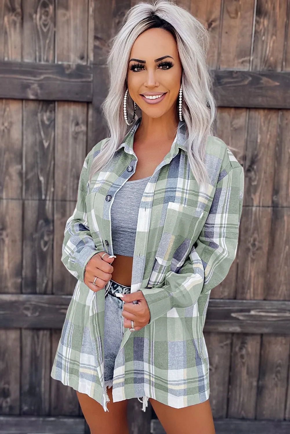 Green Pink Plaid Button Up Patch Pocket Shirt