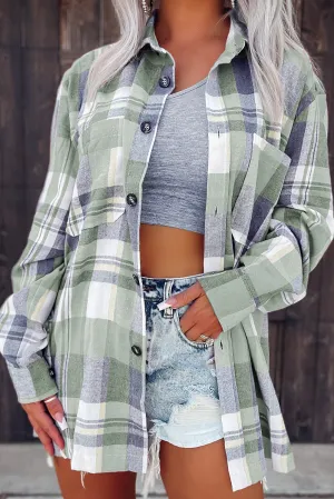 Green Pink Plaid Button Up Patch Pocket Shirt