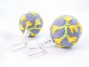 Grey Ball Earrings, needle felted earring, wool earring, wool ball earring, embroidered earring, flower embroidery earring, gray wool ball