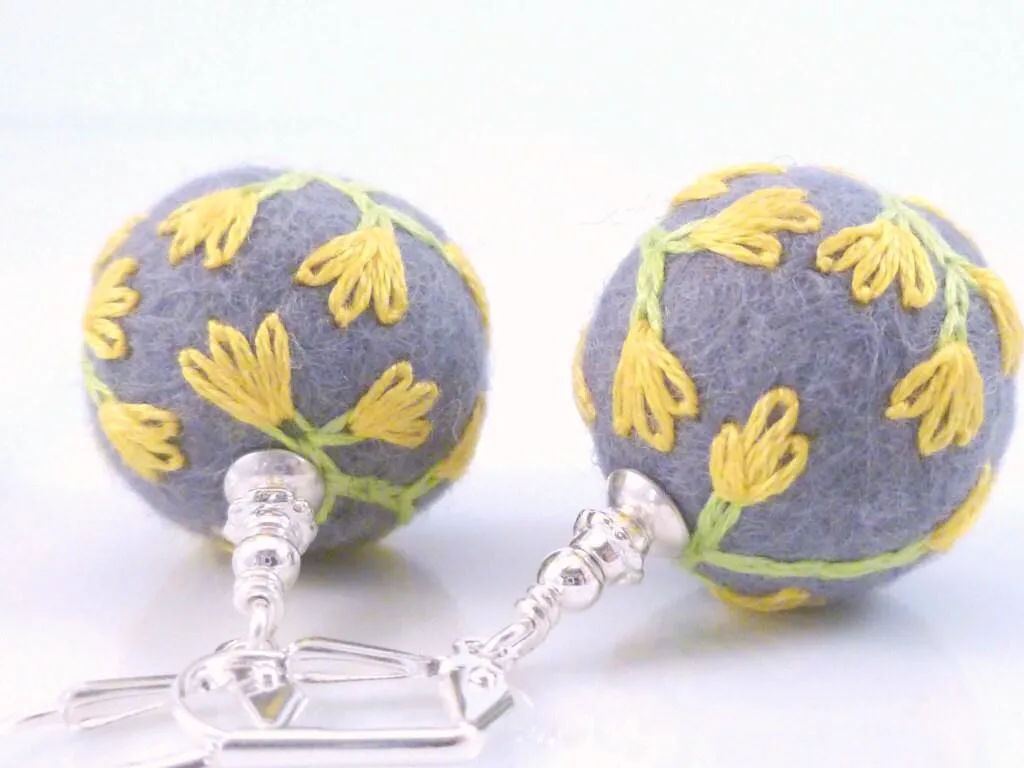 Grey Ball Earrings, needle felted earring, wool earring, wool ball earring, embroidered earring, flower embroidery earring, gray wool ball