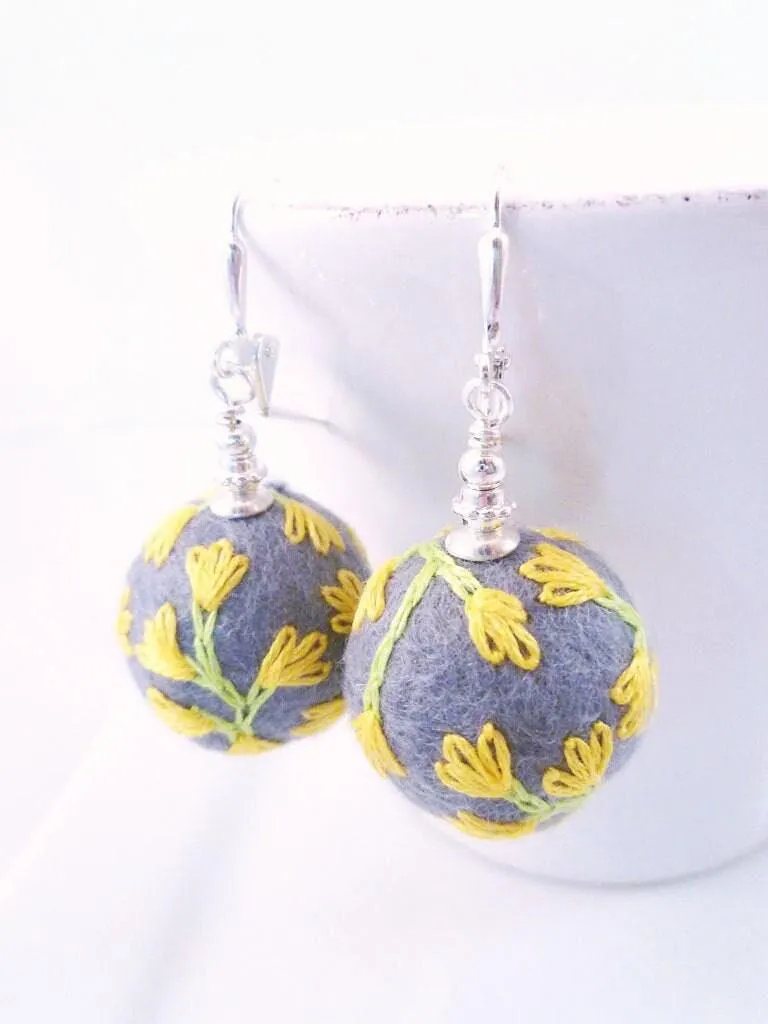 Grey Ball Earrings, needle felted earring, wool earring, wool ball earring, embroidered earring, flower embroidery earring, gray wool ball
