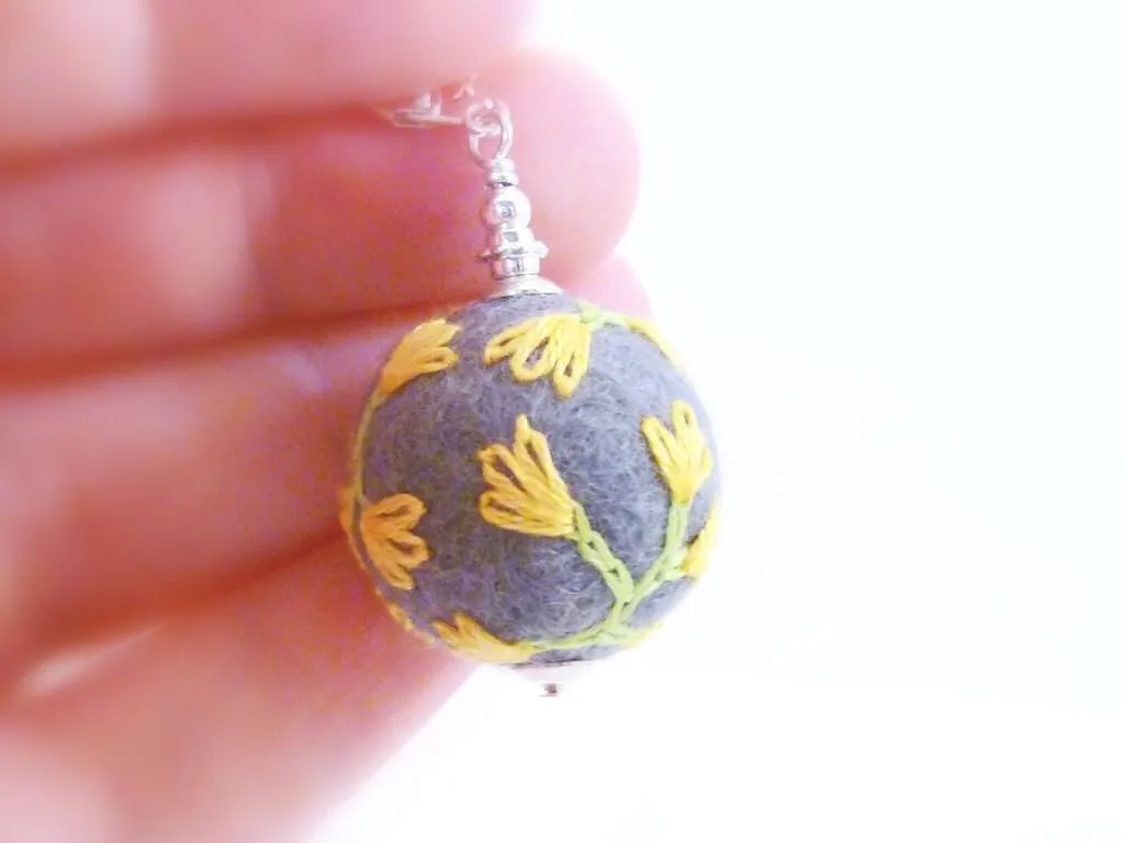 Grey Ball Earrings, needle felted earring, wool earring, wool ball earring, embroidered earring, flower embroidery earring, gray wool ball