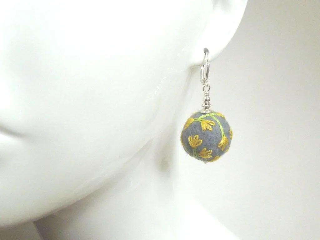 Grey Ball Earrings, needle felted earring, wool earring, wool ball earring, embroidered earring, flower embroidery earring, gray wool ball