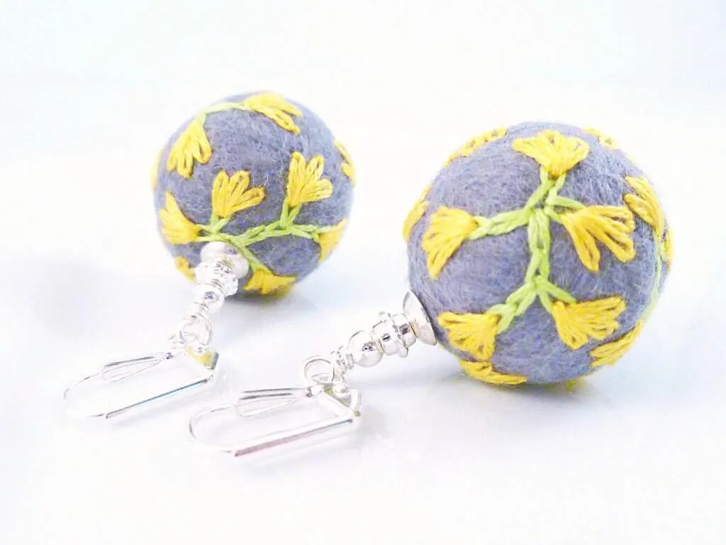 Grey Ball Earrings, needle felted earring, wool earring, wool ball earring, embroidered earring, flower embroidery earring, gray wool ball