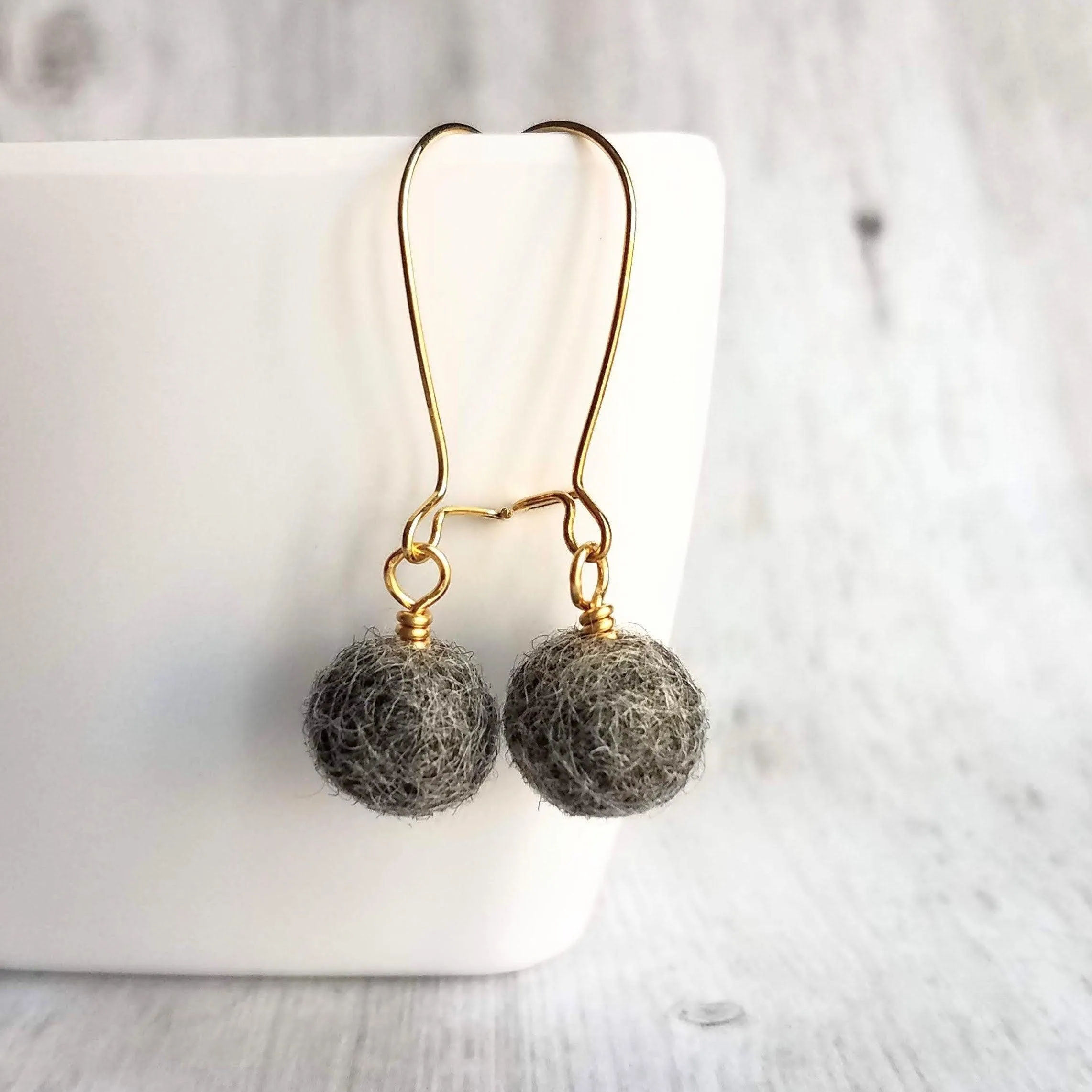 Grey Wool Ball Earrings, needle felt earrings, wooly earring, grey wool earring, tweed earring, latching hook, winter earrings, felted wool