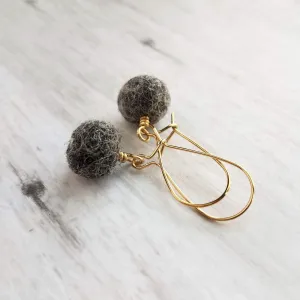 Grey Wool Ball Earrings, needle felt earrings, wooly earring, grey wool earring, tweed earring, latching hook, winter earrings, felted wool