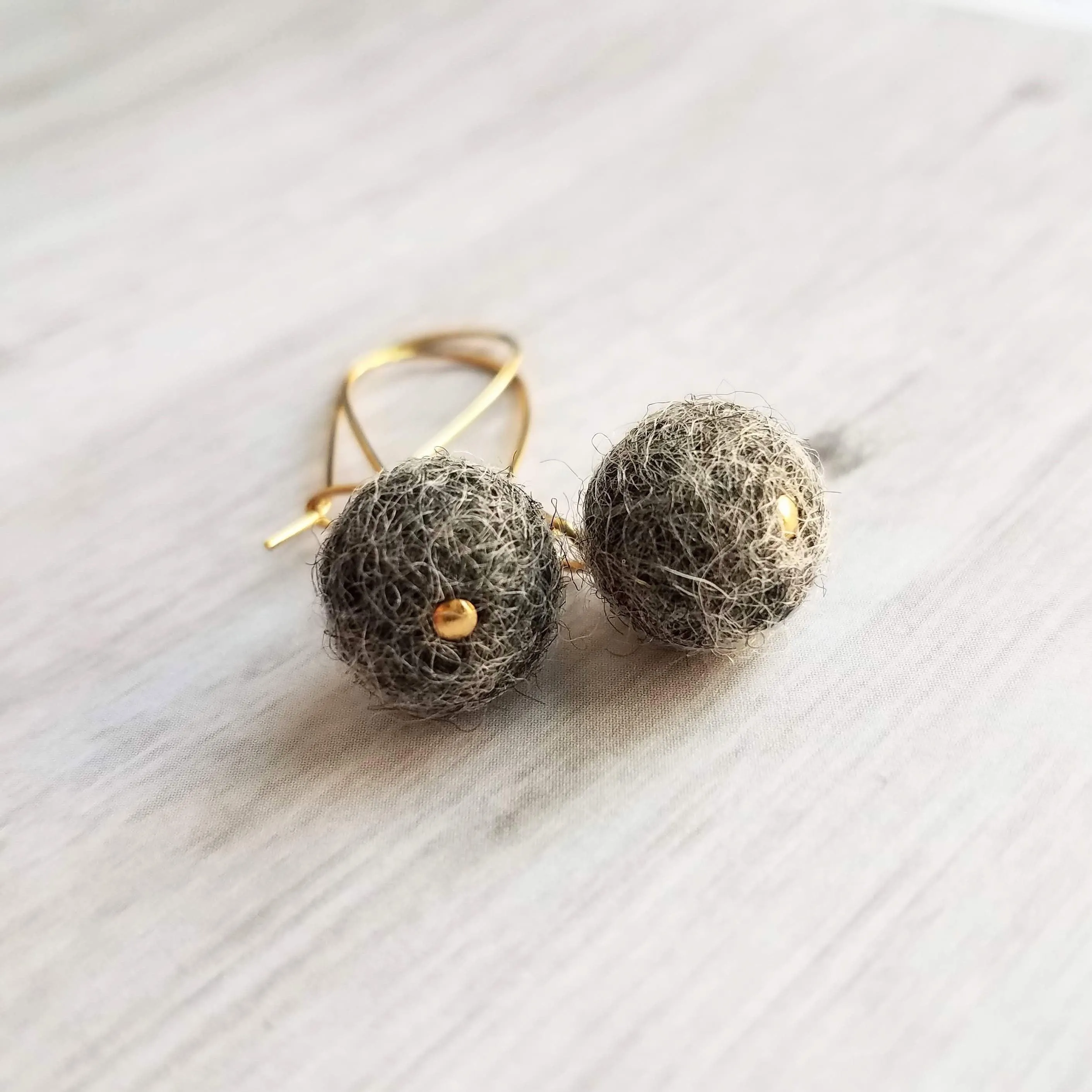 Grey Wool Ball Earrings, needle felt earrings, wooly earring, grey wool earring, tweed earring, latching hook, winter earrings, felted wool