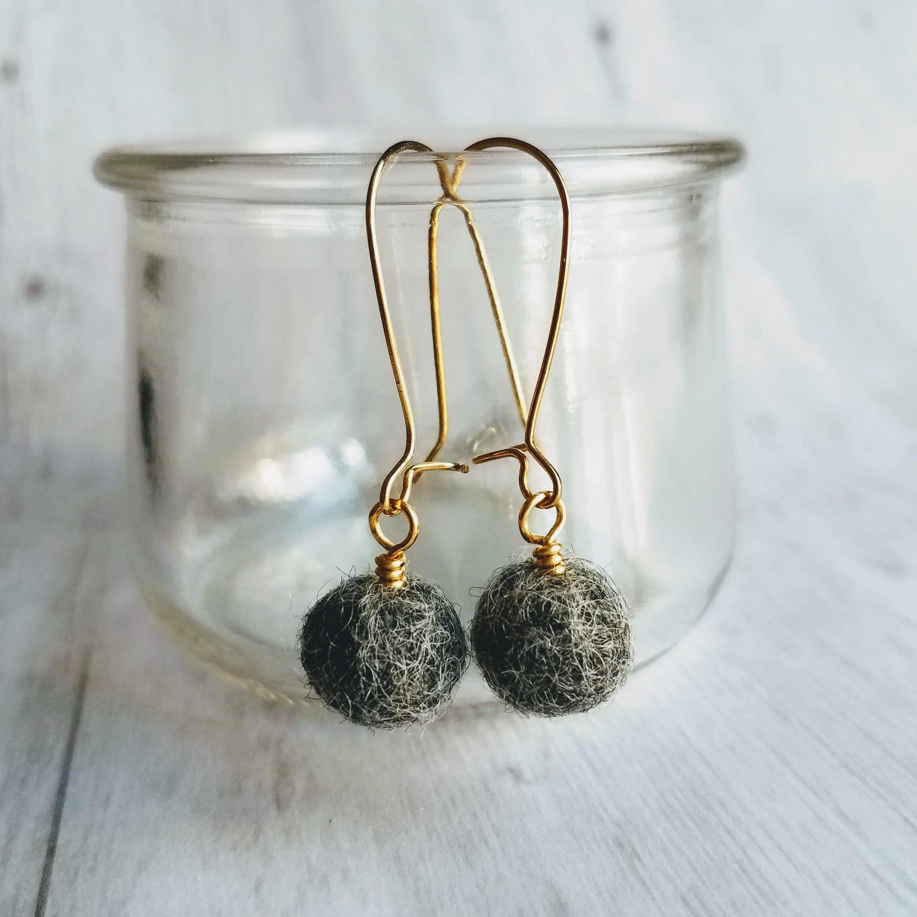 Grey Wool Ball Earrings, needle felt earrings, wooly earring, grey wool earring, tweed earring, latching hook, winter earrings, felted wool