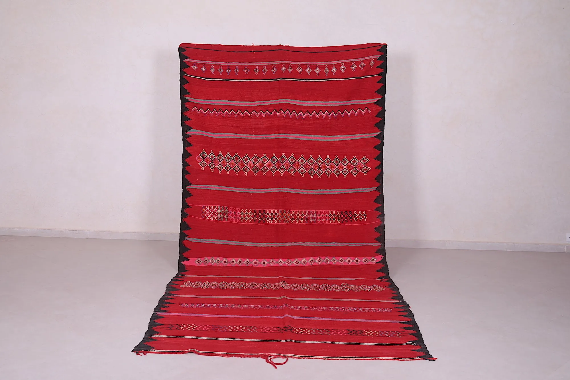 Handwoven Kilim 5.5 x 12 Feet – Vibrant Red Moroccan Wool Rug