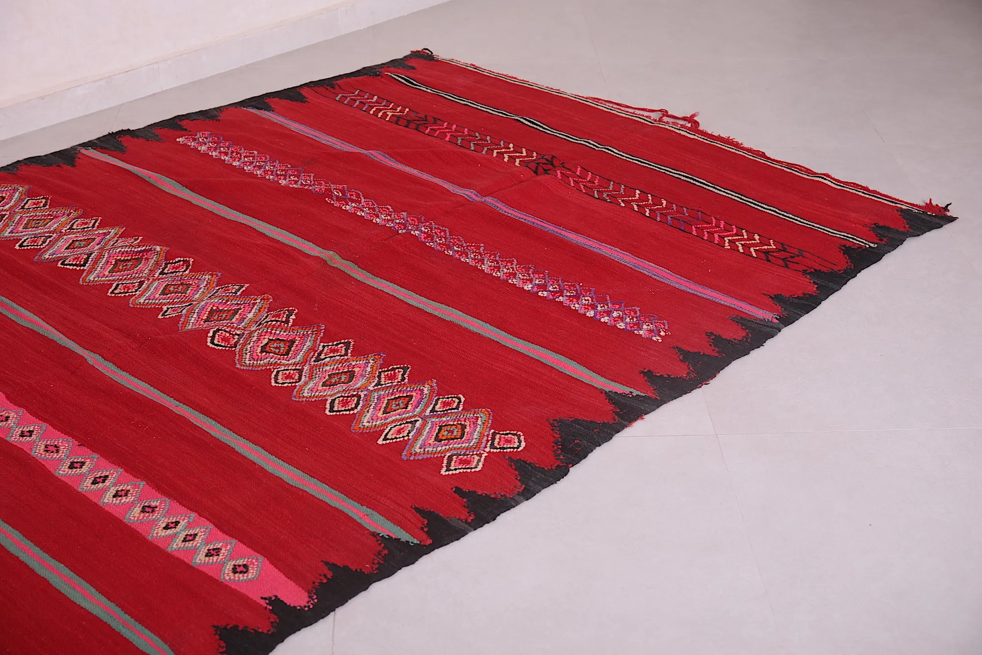 Handwoven Kilim 5.5 x 12 Feet – Vibrant Red Moroccan Wool Rug