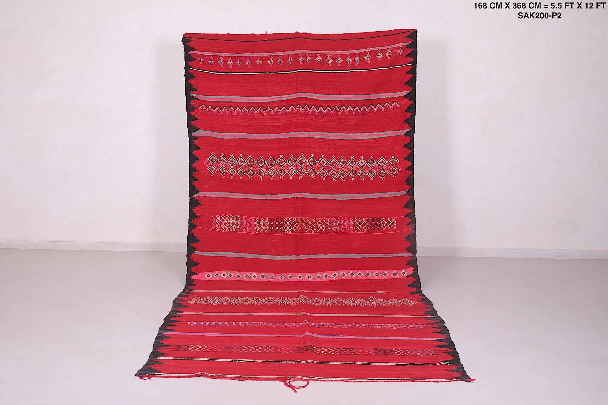 Handwoven Kilim 5.5 x 12 Feet – Vibrant Red Moroccan Wool Rug