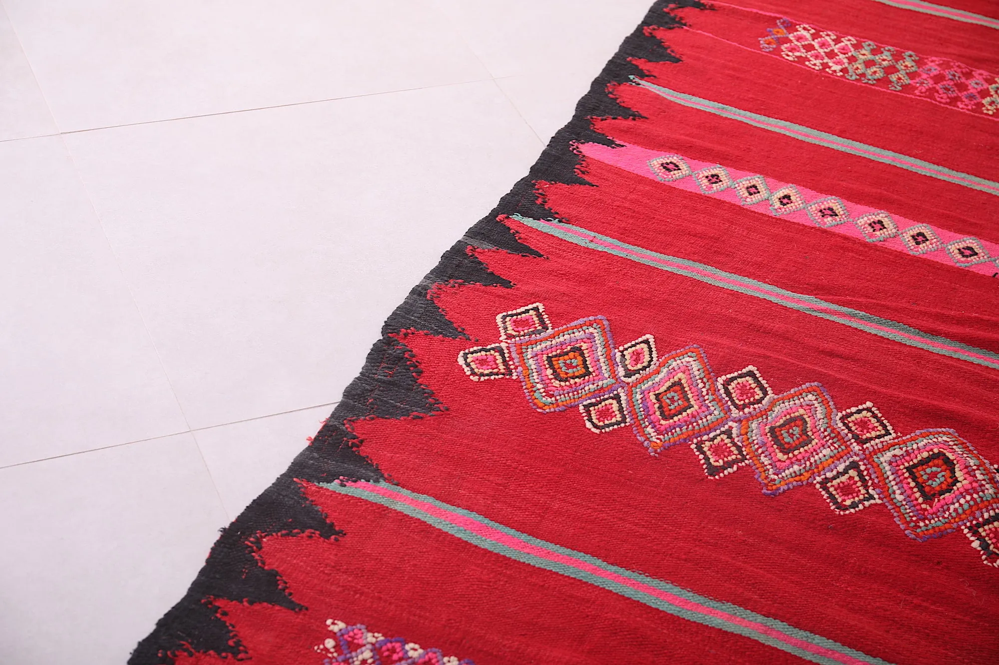 Handwoven Kilim 5.5 x 12 Feet – Vibrant Red Moroccan Wool Rug