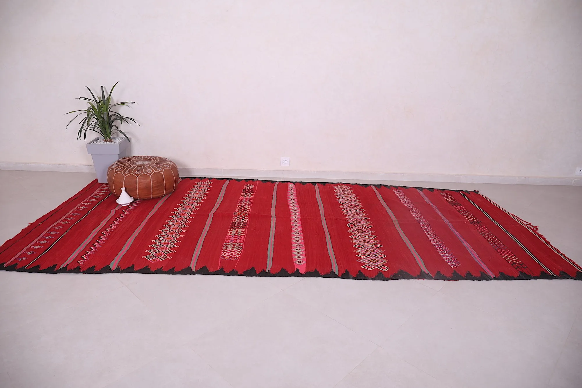 Handwoven Kilim 5.5 x 12 Feet – Vibrant Red Moroccan Wool Rug