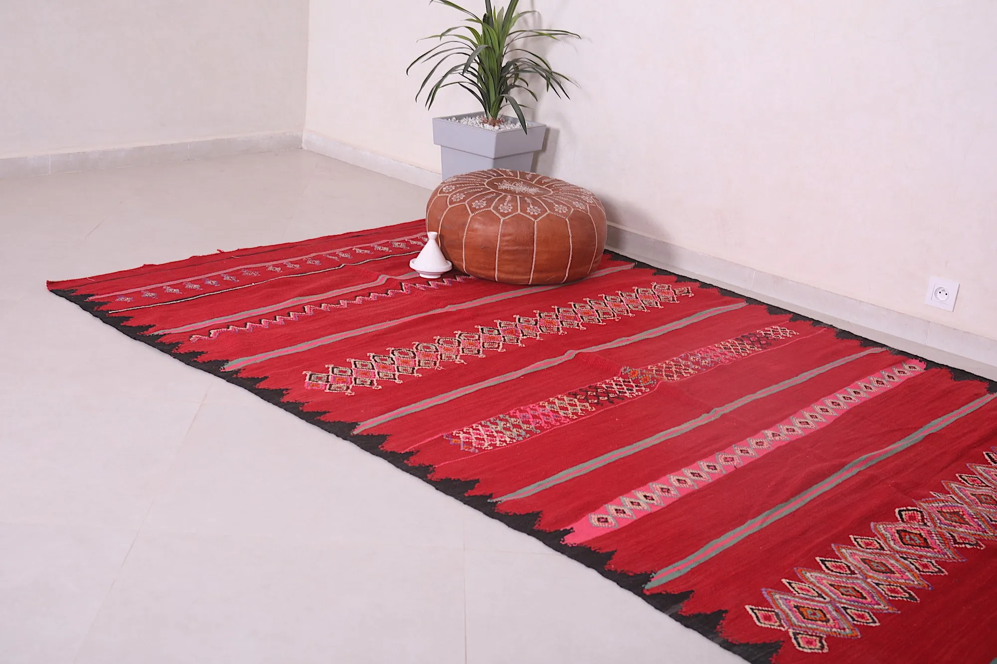 Handwoven Kilim 5.5 x 12 Feet – Vibrant Red Moroccan Wool Rug